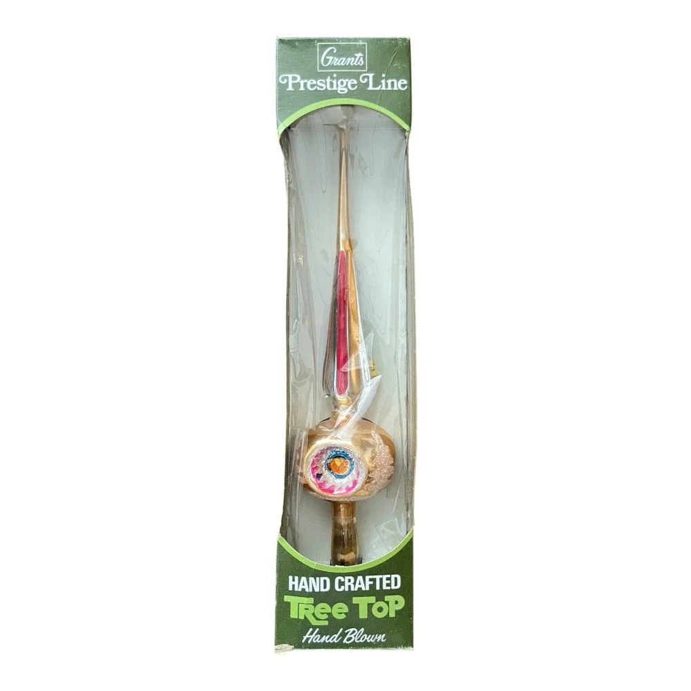 Grants Prestige Line Hand Blown Glass Tree Topper Gold Red Green Christmas Decor